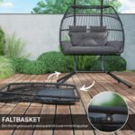 Hängesessel mit Gestell faltbar Hängekorb mit Kissen, Polyrattan, für 2 Personen, belastbar bis 260kg Sessel für Balkon Terrasse, Dunkelgrau – Bild 7
