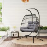 Hängesessel mit Gestell faltbar Hängekorb mit Kissen, Polyrattan, für 2 Personen, belastbar bis 260kg Sessel für Balkon Terrasse, Dunkelgrau – Bild 2